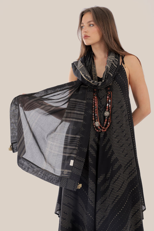 Printed cotton scarf with fabric tassels